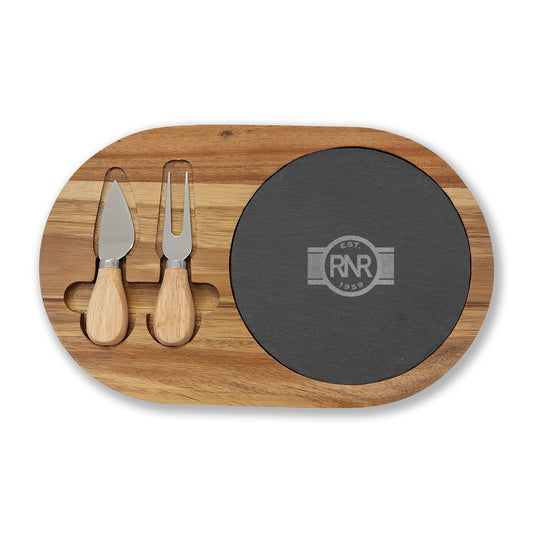 Engraved Acacia Charcuterie Board with Slate Insert & Cheese Knives